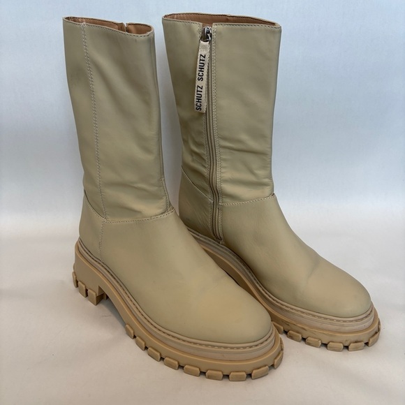 SCHUTZ womens Juany Eggshell Lug Sole side zip Combat & Moto Boots size 8.5 - Picture 2 of 14